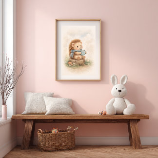 マグカップを持つかわいいハリネズミ 子供部屋用ナチュラルデザイン ポスター