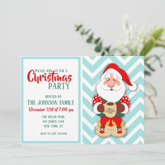 マグカップを持つ赤いパジャマのサンタクロース 招待状 (スタンド正面)