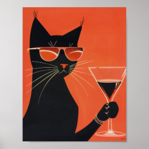 マグカップクールからの飲み物をサングラスで囲んだ黒猫 ポスター