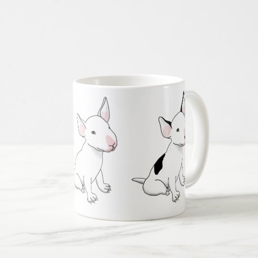 マグカップ - 白いブルテリアの子犬3匹 (正面右)