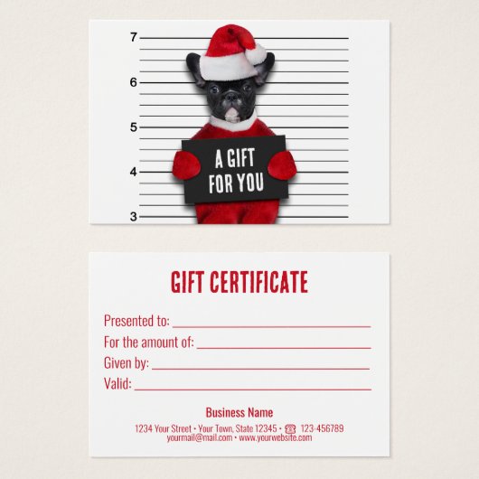 マグショットおもしろいバッド・サンタの犬のクリスマスプレゼント・カード (正面&裏面)