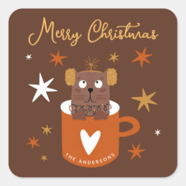 マグスターズブラウンのかわいいクリスマス猫金ゴールド スクエアシール