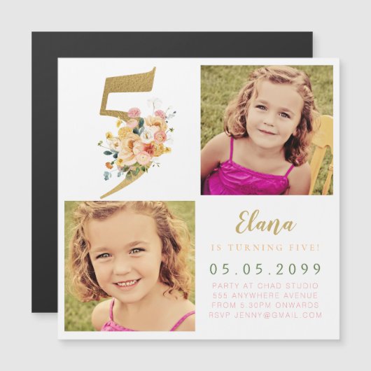 マグネットガールズ金ゴールド5誕生日写真 マグネット招待状 (正面/裏面)