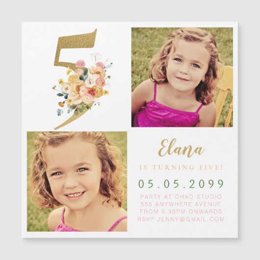 マグネットガールズ金ゴールド5誕生日写真 マグネット招待状 (正面)