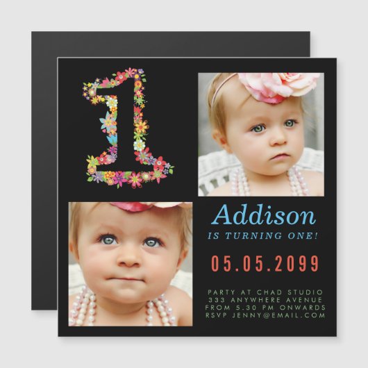 マグネットベビー第1期パーティーフォトカード マグネット招待状 (正面/裏面)