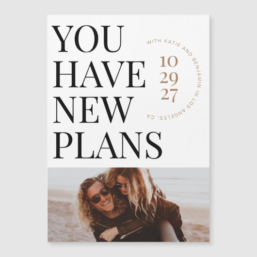 マグネット新しいプランを持っている写真を保存する日付カード マグネット招待状 (正面)