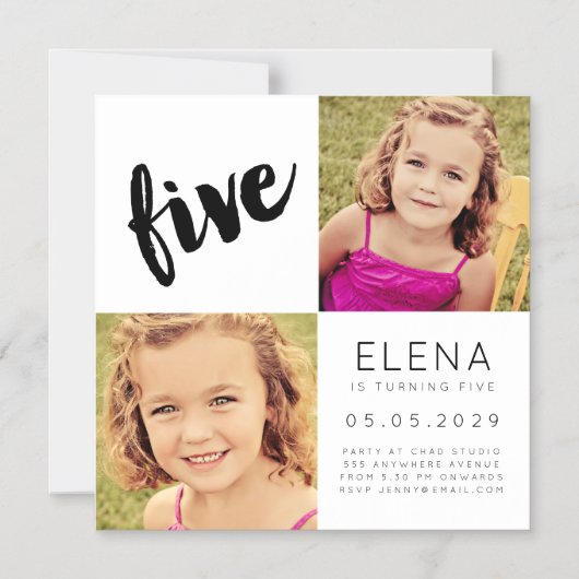 マグネット男の赤ちゃんガールFIVE第5誕生日フォトカード マグネット招待状 (正面)
