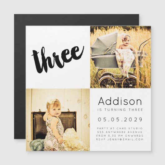 マグネット男の赤ちゃんガールTHREE BIRTHDAYフォトカード マグネット招待状 (正面/裏面)