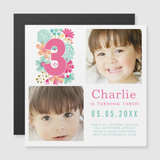 マグネット サード サード 3歳の誕生日パーティーの写真 (正面/裏面)