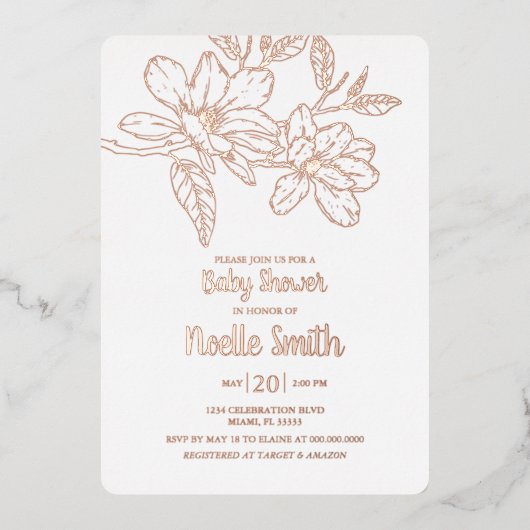 マグノエレガントリアの花、赤ちゃんシャワー 箔招待状 (正面)