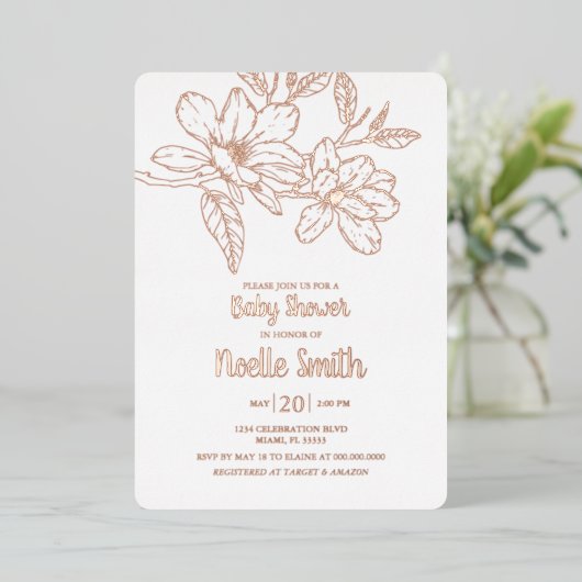 マグノエレガントリアの花、赤ちゃんシャワー 箔招待状 (立ち正面)