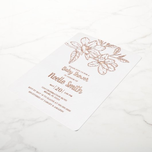 マグノエレガントリアの花、赤ちゃんシャワー 箔招待状 (回転した状態)