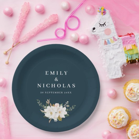 マグノエレガントリアフローラ・ネービー・ブルー結婚ズ ペーパープレート (パーティー)