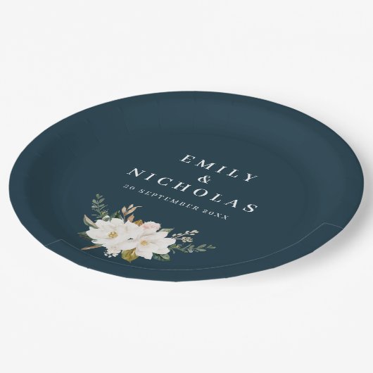 マグノエレガントリアフローラ・ネービー・ブルー結婚ズ ペーパープレート (アングル)