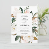 マグノリアとピンクの花の結婚式招待状 招待状 (スタンド正面)