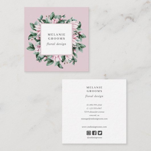 マグノリアとユーカリフローラフレームピンク スクエア名刺 (正面/裏面)