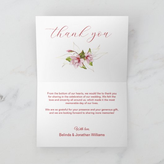 マグノリアと偽の金箔フレームのラスティックウェディング サンキューカード (内部)