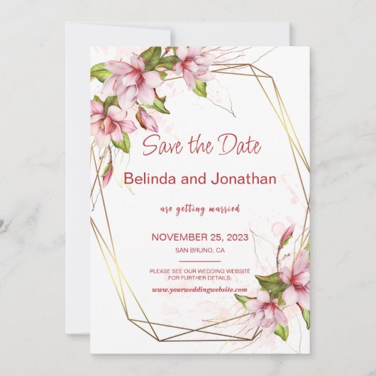 マグノリアと偽の金箔フレームのラスティックウェディング セーブザデート (正面)