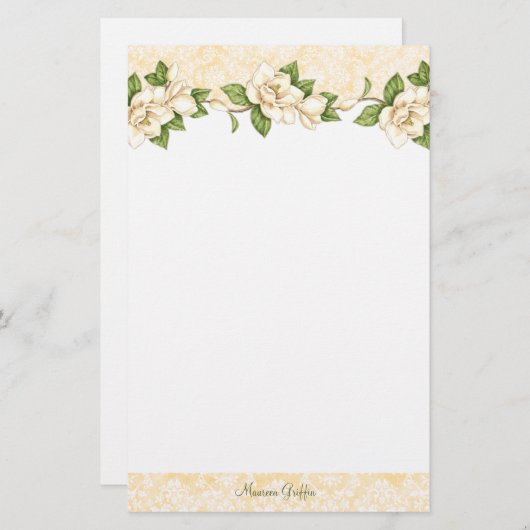 マグノリアのダマスク織のパーソナライズな筆記用紙 便箋 (正面/裏面)