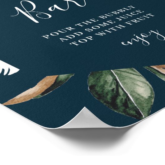 マグノリアの花のネイビーブルーのウェディングシャワーミモザバーの看板 ポスター (角)