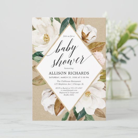 マグノリアの花の緑の草木の素朴なクラフトのベビーシャワー 招待状 (スタンド正面)