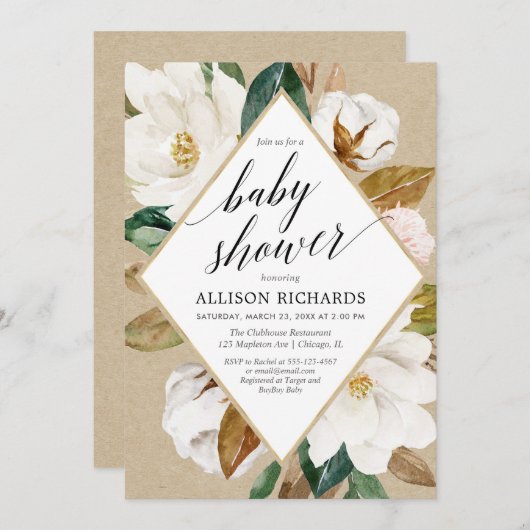 マグノリアの花の緑の草木の素朴なクラフトのベビーシャワー 招待状 (正面/裏面)