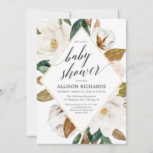 マグノリアの花の緑の草木の素朴な女の子のベビーシャワー 招待状 (正面)