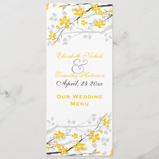 マグノリアの花は黄色、グレー結婚のメニューカード メニュー (正面)
