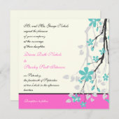 マグノリアの花ターコイズ、ホットピンクのウェディング 招待状 (正面/裏面)