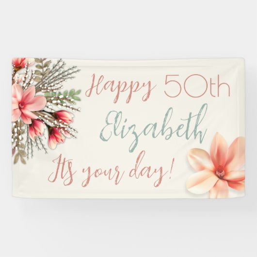 マグノリアウィローフローラ誕生日パーティーウォールバナー 横断幕 (横)