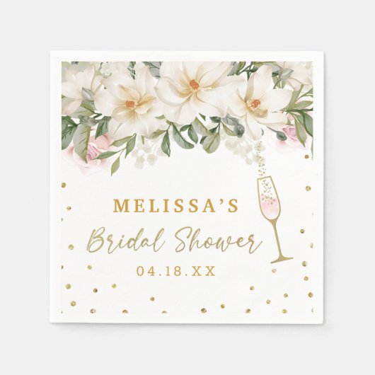 マグノリアウォーターカラーシャンパンガラスブライダルシャワー スタンダードカクテルナプキン (正面)