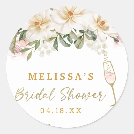 マグノリアウォーターカラーシャンパンガラスブライダルシャワー ラウンドシール (正面)