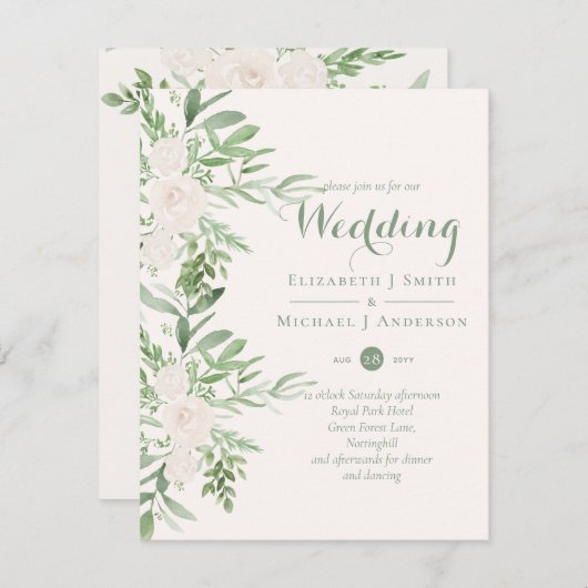 マグノリアエレガントセージフローラ結婚式招待状 (正面/裏面)