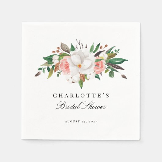 マグノリアエレガントフローラブライダルシャワー スタンダードカクテルナプキン (正面)
