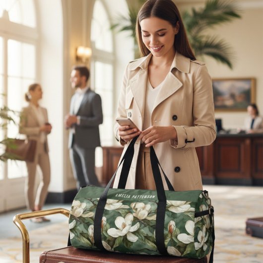 マグノリアエレガントフローラルパタパーソナライズされたーン名 ダッフルバッグ