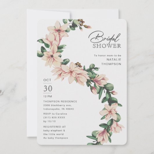 マグノリアエレガントフローラ赤面パープルブライダルシャワー 招待状 (正面)