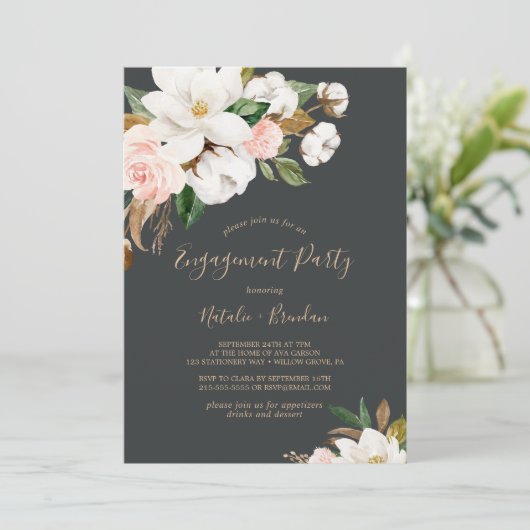 マグノリアエレガントブラックアンドホワイト婚約パーティ 招待状 (スタンド正面)