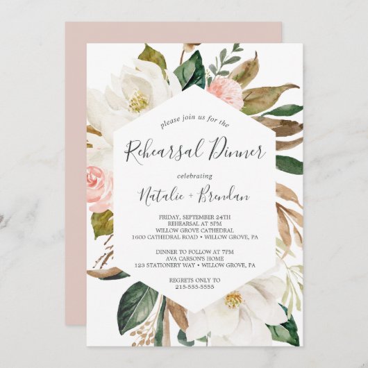 マグノリアエレガントホワイトと赤面リハーサルディナー 招待状 (正面/裏面)