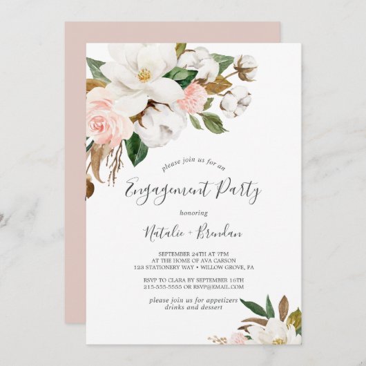 マグノリアエレガントホワイトアンド赤面婚約パーティ 招待状 (正面/裏面)