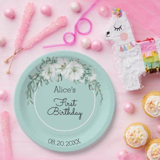 マグノリアエレガントホワイトパステルグリーン1st誕生日 ペーパープレート (パーティー)