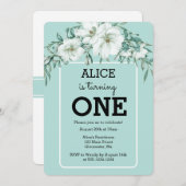 マグノリアエレガントホワイトパステルグリーン1st誕生日 招待状 (正面/裏面)
