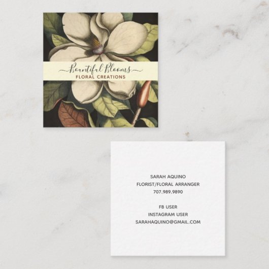 マグノリアエレガントモノグラムのクリームセージ開花 スクエア名刺 (正面/裏面)