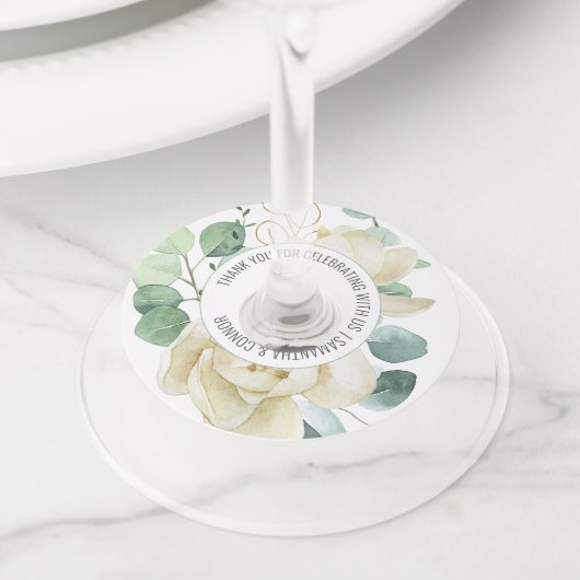 マグノリアエレガントユーカリプスグリーンリー結婚式の引き出物 ワイングラスタグ (クローズアップ)