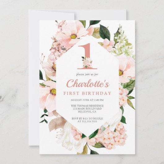 マグノリアエレガント赤面ピンクフローラファースト誕生日 招待状 (正面)