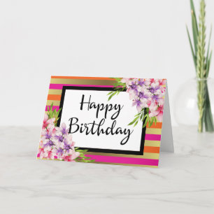マグノリアオンピンク&フェイク金ゴールドストライプ誕生日 カード