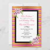 マグノリアオンピンク&フェイク金ゴールドストライプ誕生日 招待状 (正面)