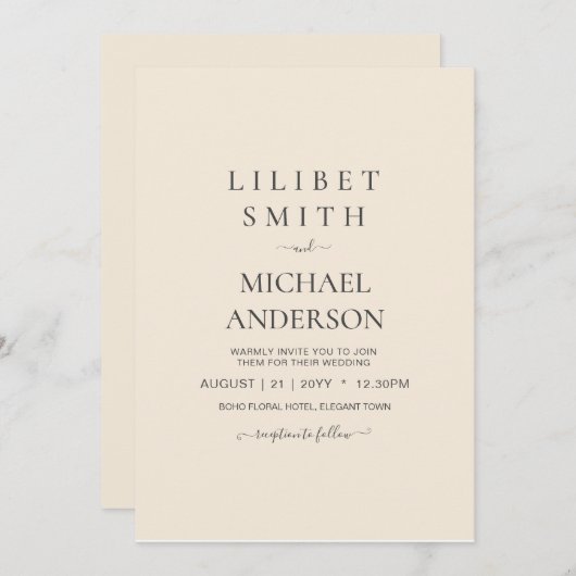 マグノリアクリーモダンム結婚ズタイポグラフィ 招待状 (正面/裏面)