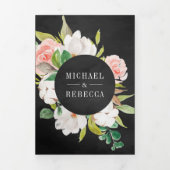 マグノリアコットン赤面ピンクフローラブラック結婚ズ 三つ折り招待状 (カバー)