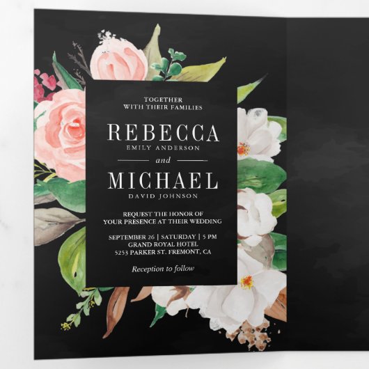 マグノリアコットン赤面ピンクフローラブラック結婚ズ 三つ折り招待状 (内部最初)