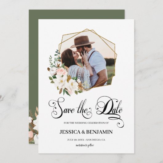 マグノリアコットン離れフローラ金ゴールド幾何学写真 セーブザデート (正面/裏面)